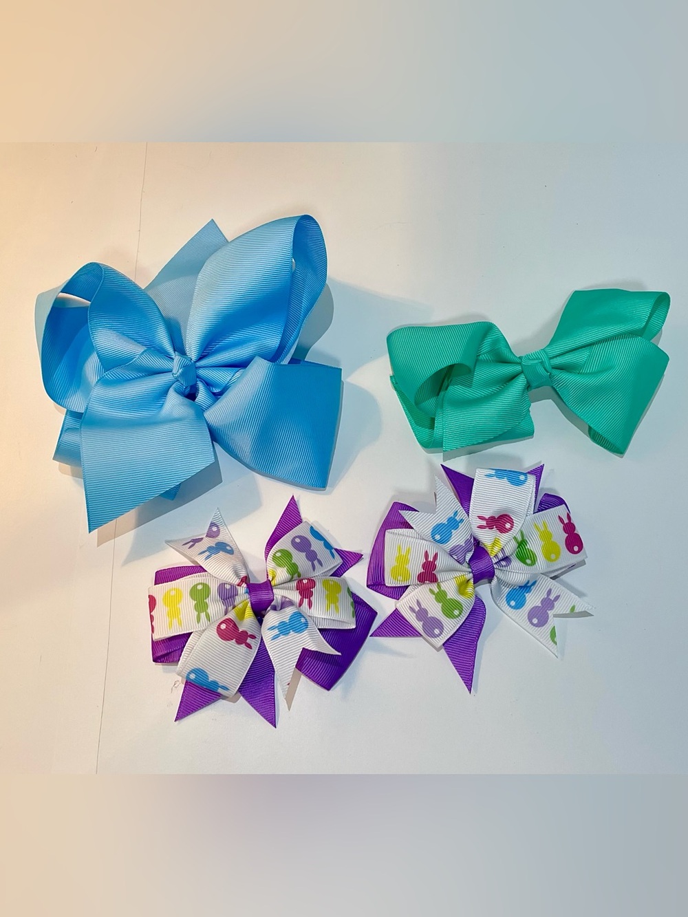 Bundle of 4 hair bows- blue, teal/aquamarine, Easter/peers